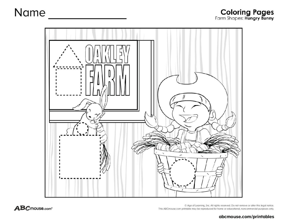 Farm Shapes Coloring Page with Bunny and Girl | ABCmouse