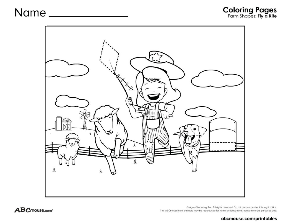 Farm Shapes Coloring Page with a Kite and Animals | ABCmouse