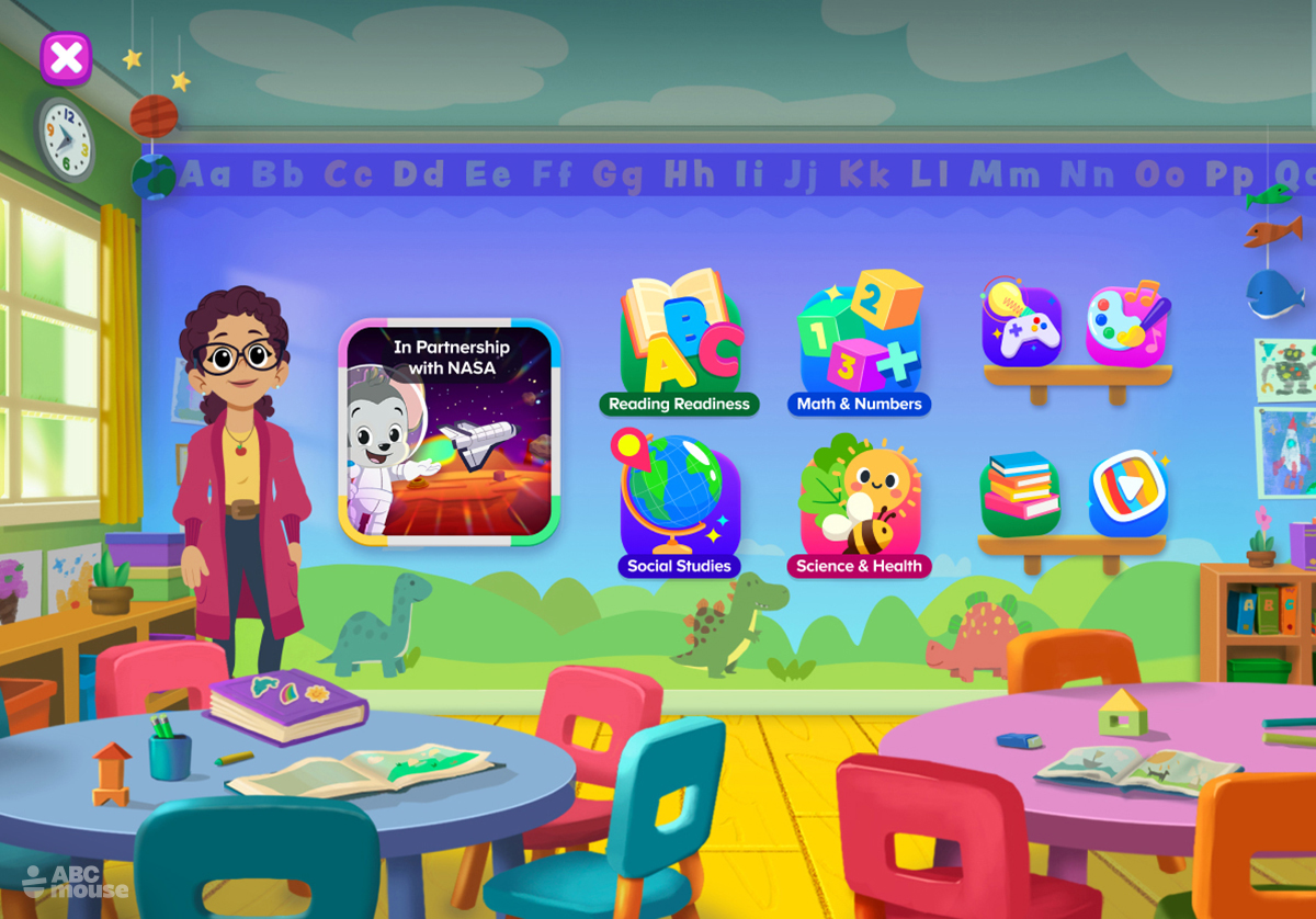 ABCmouse classroom interface showing a teacher avatar and learning app icons on a smart board