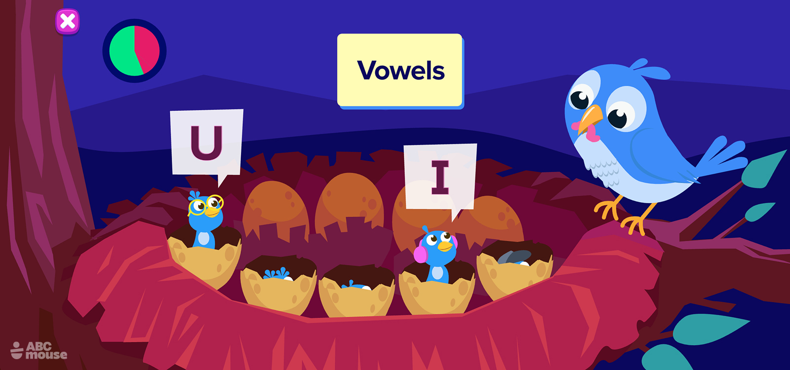 ABCmouse phonics game focusing on vowel sounds with animated bird characters