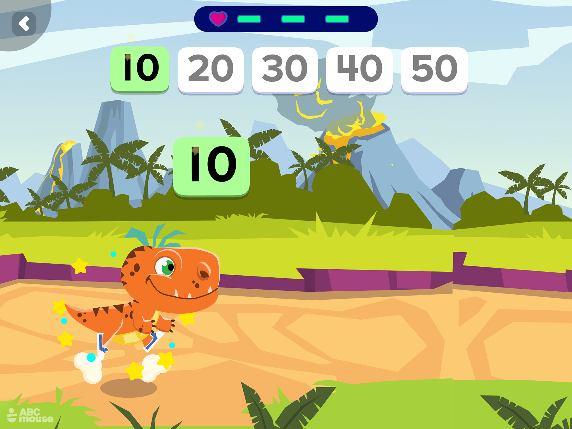ABCmouse math game featuring a dinosaur character practicing number recognition