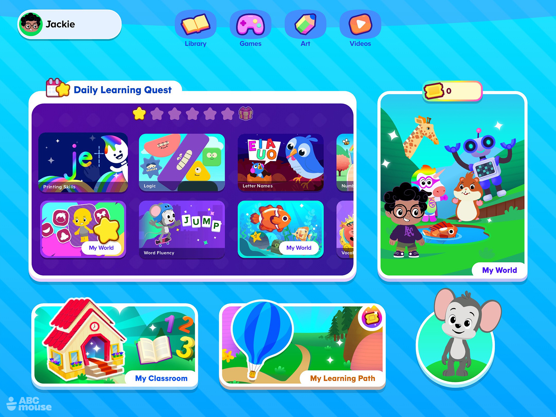 ABCmouse home screen displaying a dashboard of learning activities and games for kids