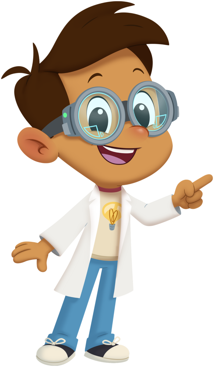 Cartoon Ivan wearing goggles and a lab coat, smiling and pointing forward