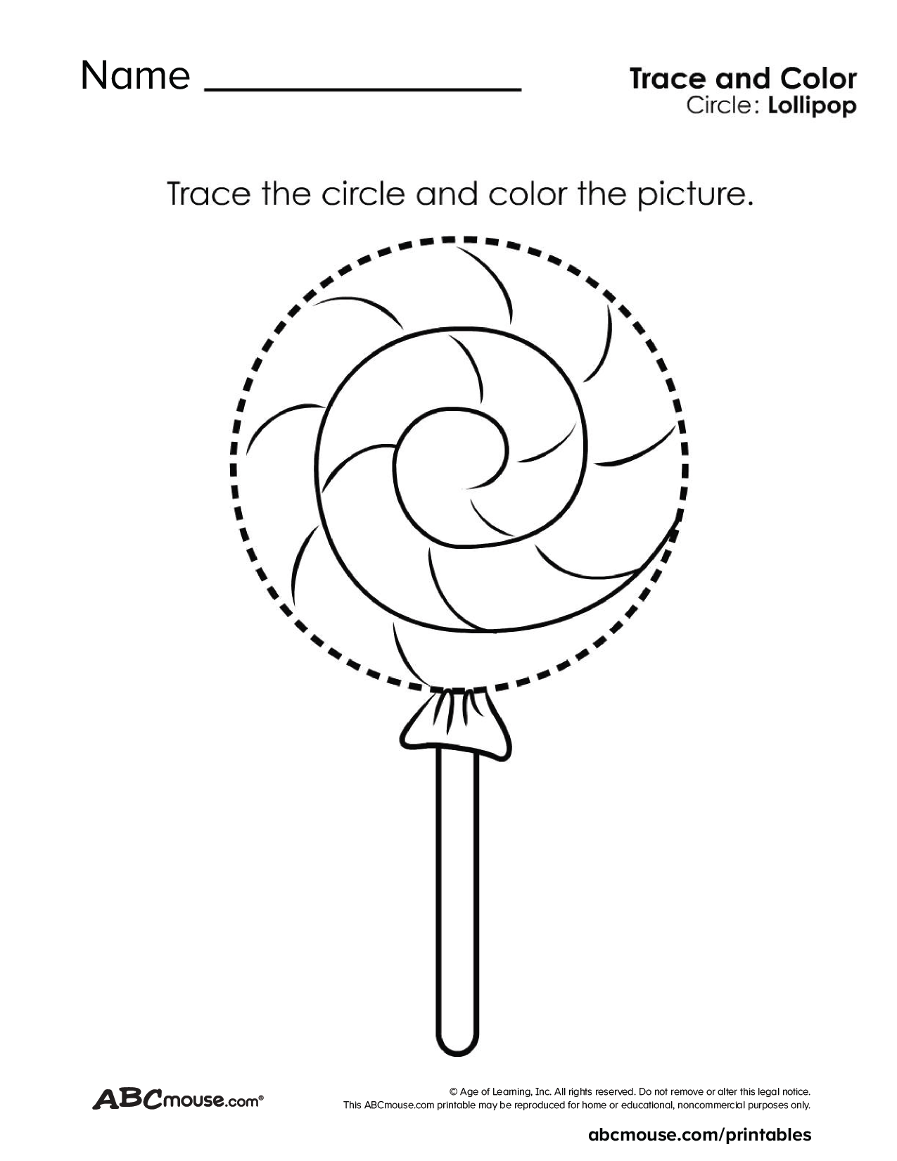 Free printable circle tracing lollipop coloring worksheets for kids from ABCmouse.com.