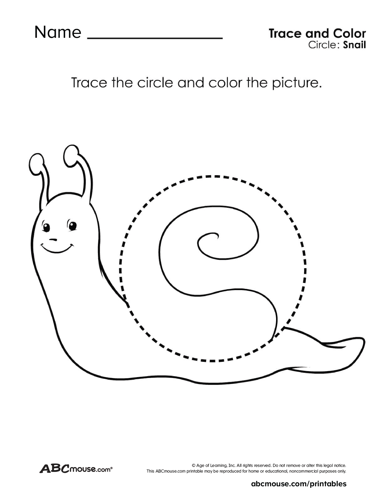 Free printable circle tracing snail coloring worksheets for kids from ABCmouse.com.