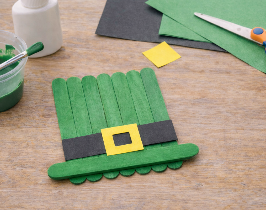 St. Patrick’s Day leprechaun hat craft made from green painted craft sticks with a black band and yellow buckle, on a table with paint and paper.