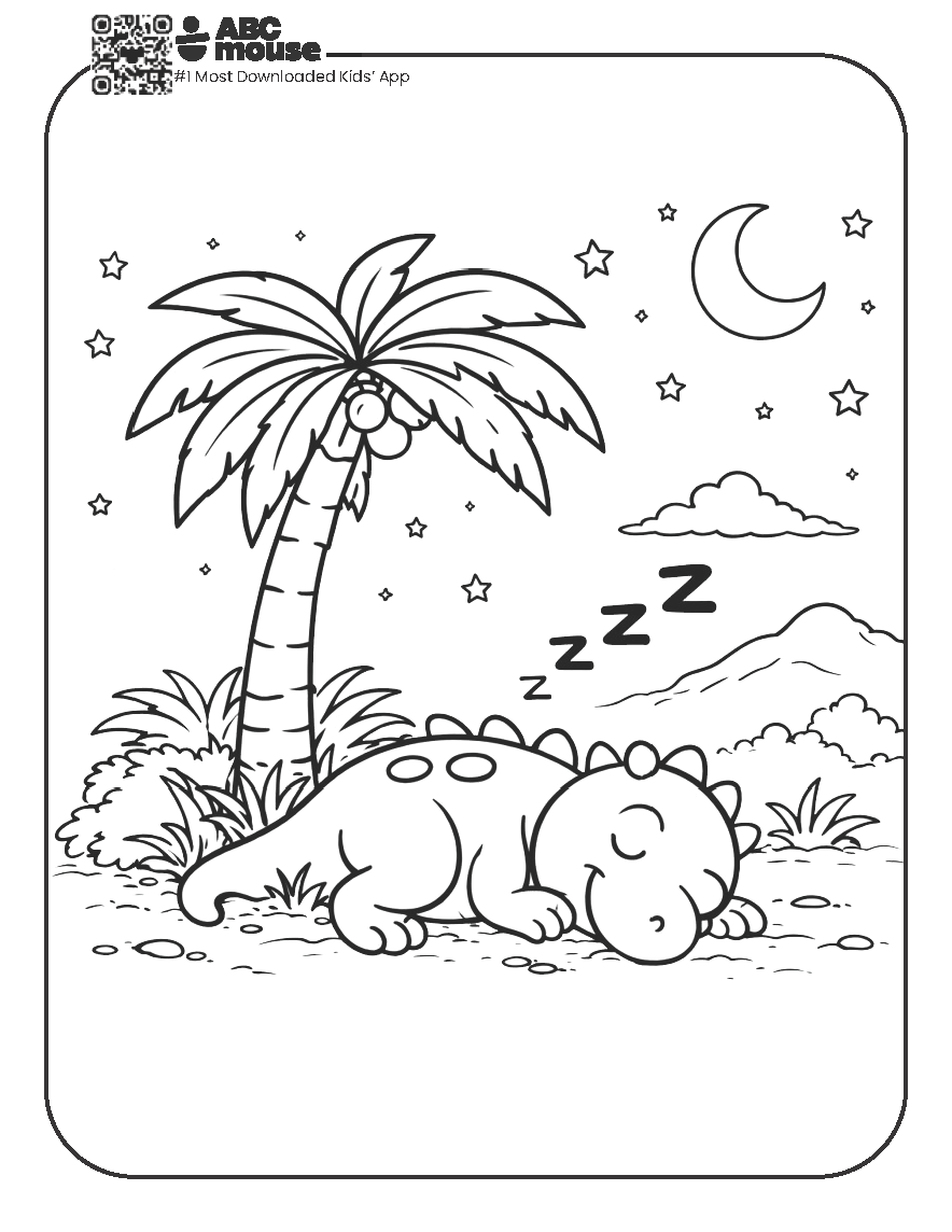 Free printable dinosaur sleeping coloring page for kids from ABCmouse.com.