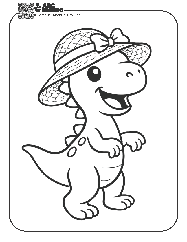 Free printable dinosaur wearing a hat coloring page for kids from ABCmouse.com.