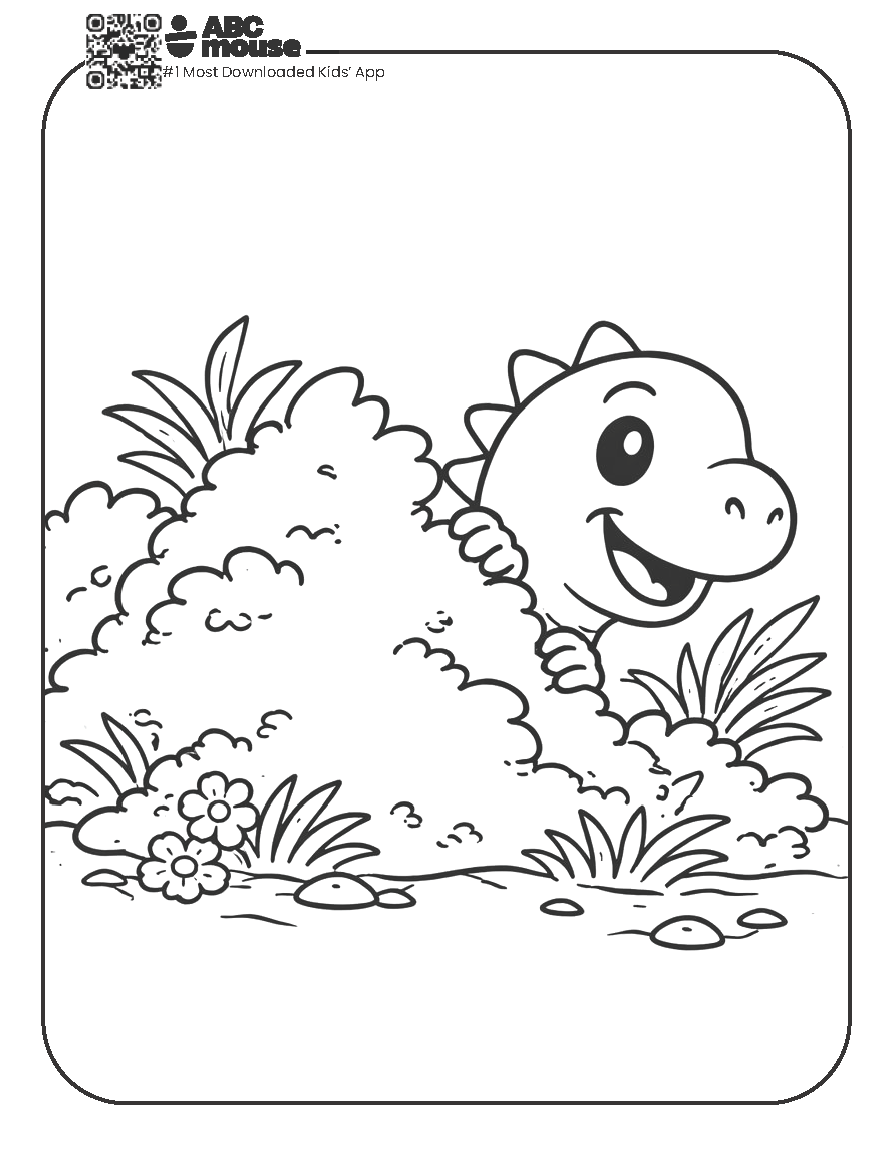 Free printable dinosaur hiding behind a bush coloring page for kids from ABCmouse.com.
