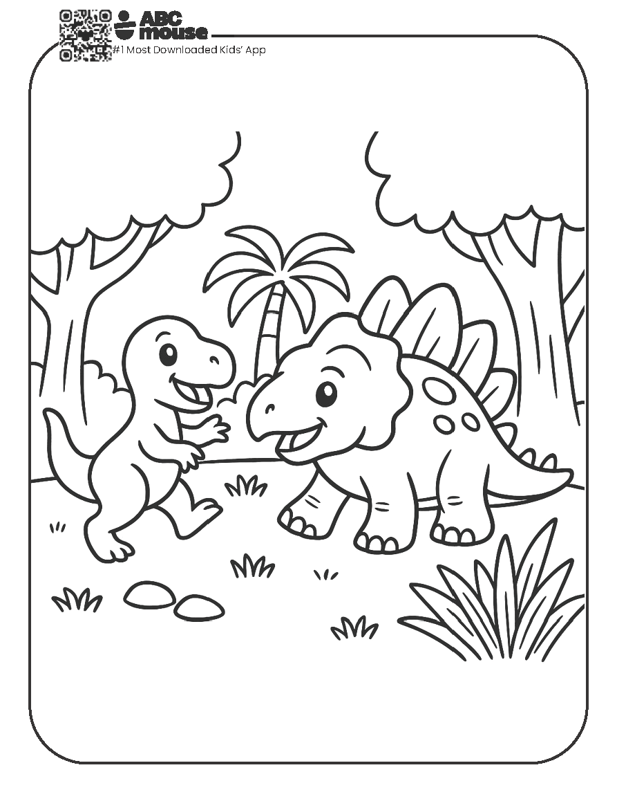 Free printable dinosaurs playing coloring page for kids from ABCmouse.com.