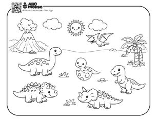 Free printable group of dinosaurs coloring page for kids from ABCmouse.com.