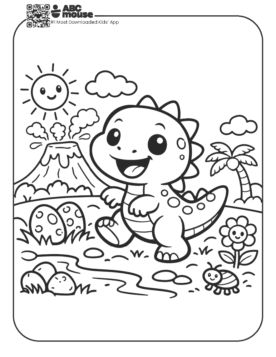 Free printable dinosaur by a volcano coloring page for kids from ABCmouse.com.