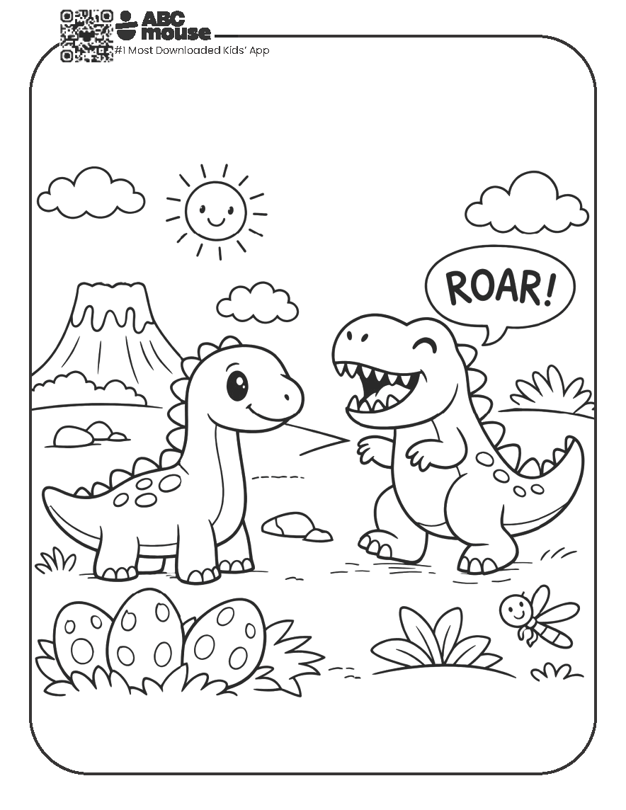 Free printable dinosaurs in a field coloring page for kids from ABCmouse.com.