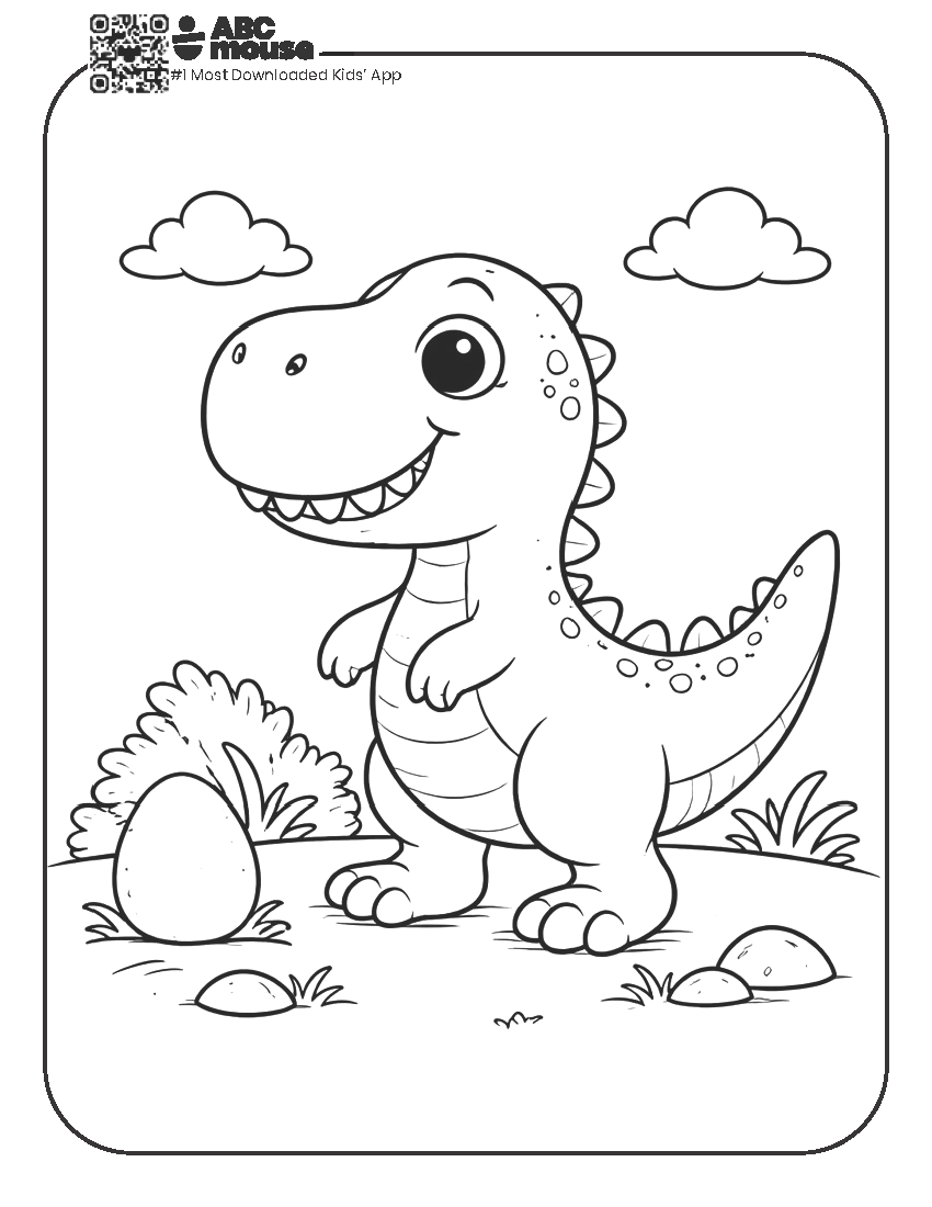 Free printable dinosaur with an egg coloring page for kids from ABCmouse.com.