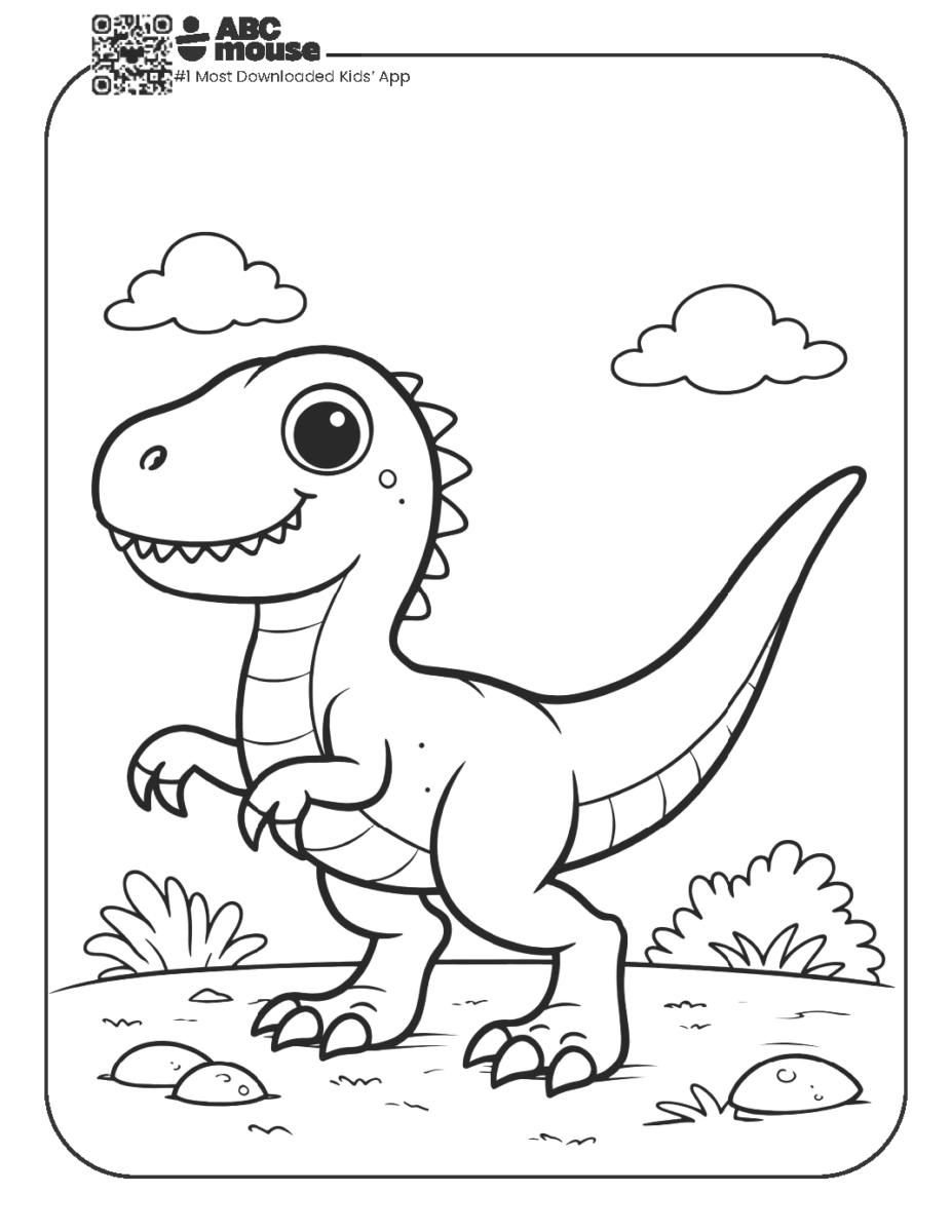 Free printable dinosaur in a field coloring page for kids from ABCmouse.com.
