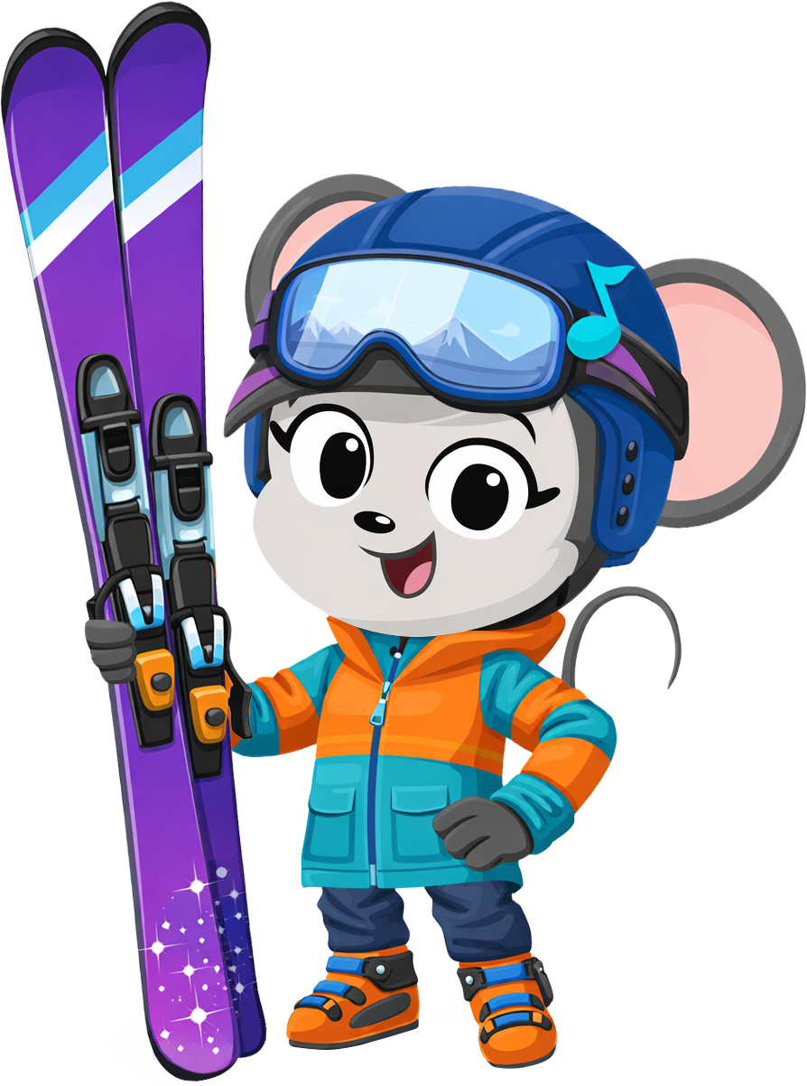Cartoon child in colorful ski gear holding a pair of purple skis, wearing a blue helmet, ski goggles, orange-and-teal winter jacket, gloves, and ski boots, smiling and ready for a day on the slopes.