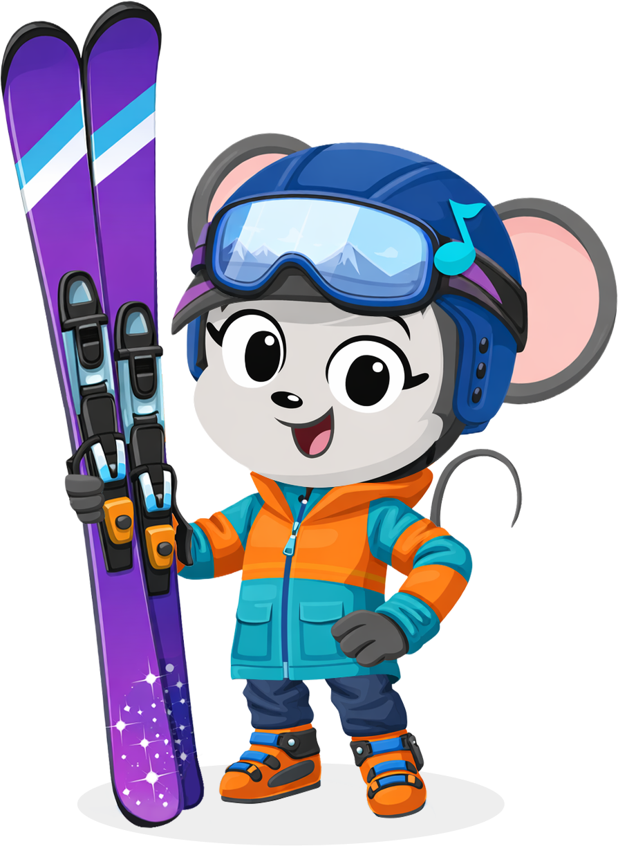 Do-Re-Me Mouse character wearing winter clothes and holding skis.