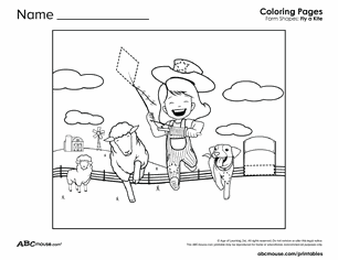 Free printable shapes on the farm tracing coloring worksheet for kids from ABCmouse.com.