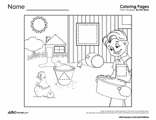 Free printable shapes on the farm tracing coloring worksheet for kids from ABCmouse.com.