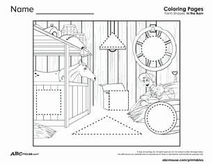 Free printable shapes on the farm tracing coloring worksheet for kids from ABCmouse.com.