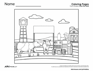 Free printable shapes on the farm tracing coloring worksheet for kids from ABCmouse.com.