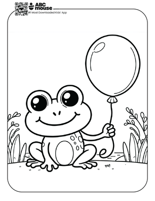 Free printable frog holding a balloon coloring page for kids from ABCmouse.com.