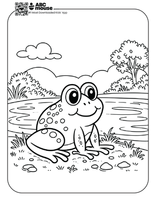 Free printable frog near a lake coloring page for kids from ABCmouse.com.