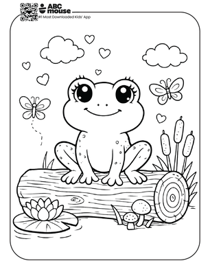 Free printable frog on a log coloring page for kids from ABCmouse.com.
