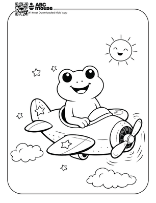 Free printable frog flying a plane coloring page for kids from ABCmouse.com.
