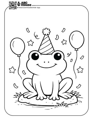 Free printable frog birthday coloring page for kids from ABCmouse.com.