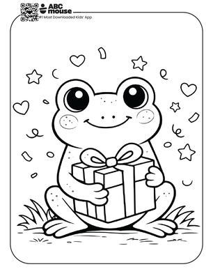 Free printable frog holding a gift coloring page for kids from ABCmouse.com.