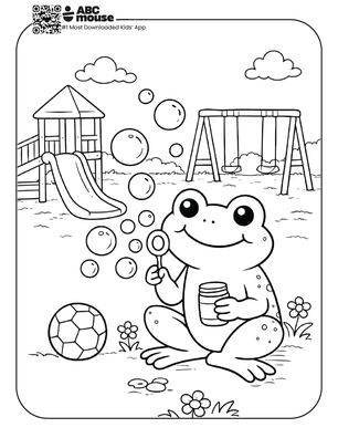 Free printable frog blowing bubbles coloring page for kids from ABCmouse.com.