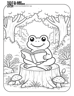 Free printable frog reading coloring page for kids from ABCmouse.com.