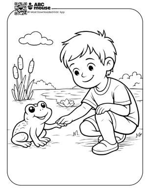 Free printable boy meeting frog coloring page for kids from ABCmouse.com.