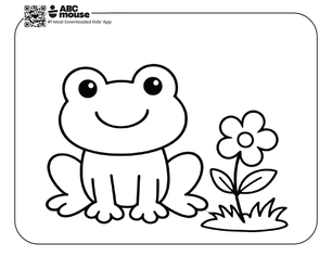 Free printable simple frog next to a flower coloring page for kids from ABCmouse.com.