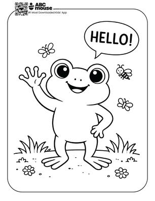 Free printable frog waving hello coloring page for kids from ABCmouse.com.