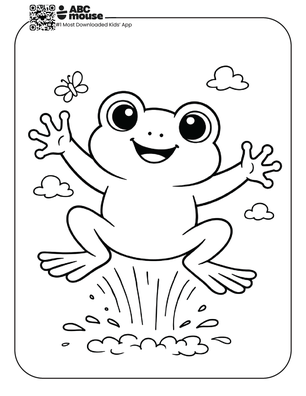 Free printable frog jumping coloring page for kids from ABCmouse.com.