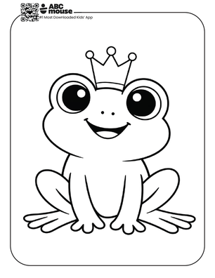 Free printable frog wearing a crown coloring page for kids from ABCmouse.com.