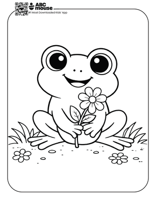 Free printable frog holding a flower coloring page for kids from ABCmouse.com.
