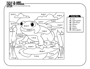 Free printable educational frog color by addition coloring page for kids from ABCmouse.com.