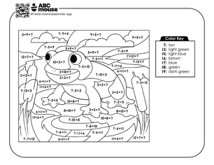 Free printable educational frog color by addition coloring page for kids from ABCmouse.com.