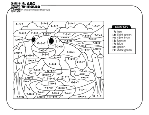 Free printable educational frog color by addition coloring page for kids from ABCmouse.com.
