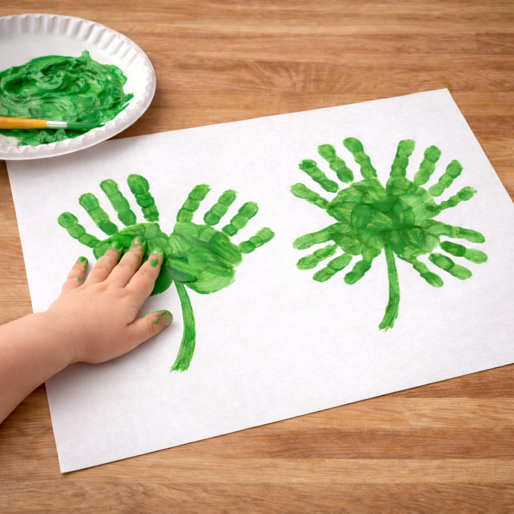 Child making green handprint shamrock art on white paper using paint, with a paper plate of green paint nearby.