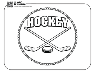 Free printable hockey with sticks and puck coloring page for kids from ABCmouse.com.