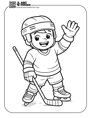Free printable young boy hockey player coloring page for kids from ABCmouse.com.