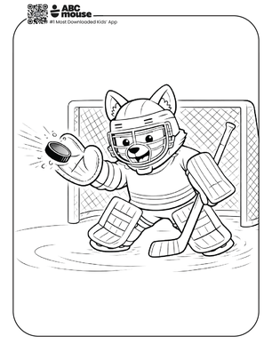 Free printable fox hockey goalie coloring page for kids from ABCmouse.com.