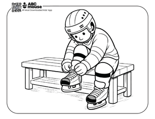 Free printable hockey player putting skates on coloring page for kids from ABCmouse.com.