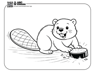 Free printable beaver pushing hockey puck coloring page for kids from ABCmouse.com.