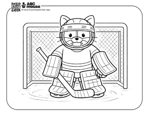 Free printable cat hockey goalie coloring page for kids from ABCmouse.com.