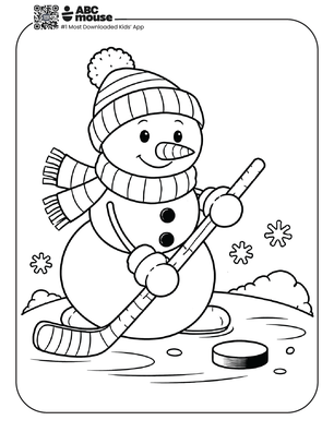 Free printable snowman playing hockey coloring page for kids from ABCmouse.com.